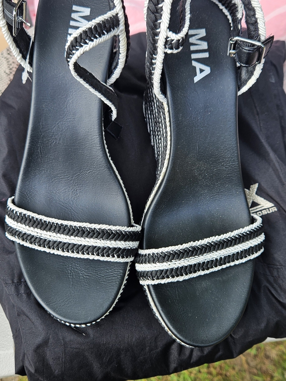 MIA Black Sandals with White Braided Trim